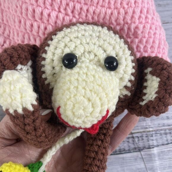 Crochet Sock Monkey Muffs Pink Youth Hat Beanie Trapper Handmade - Picture 5 of 9